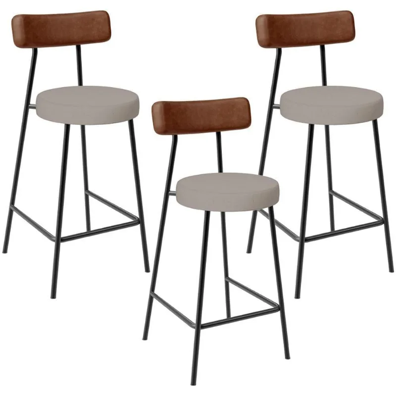 Kit 03 Banquetas Baixa Cozinha Sala De Jantar Milão L02 Couríssimo Marrom Linho Bege - Lyam Decor