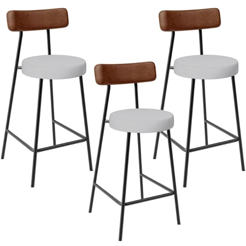 Kit 03 Banquetas Baixa Cozinha Sala De Jantar Milão L02 Couríssimo Marrom Linho Cinza - Lyam Decor