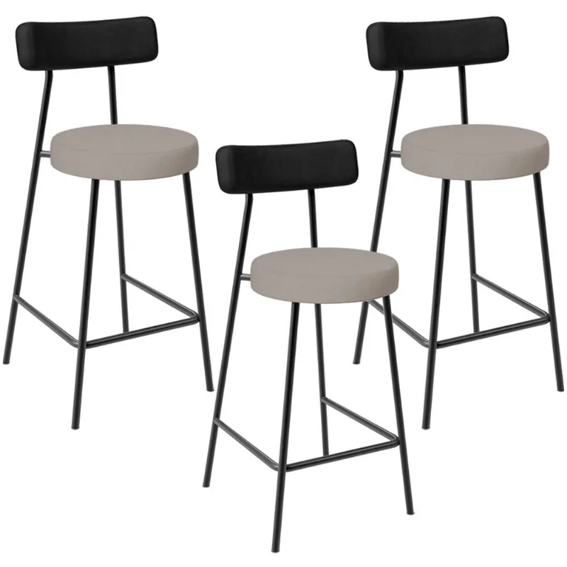 Kit 03 Banquetas Baixa Bar Cozinha Sala Jantar Milão L02 Couríssimo Preto Linho Bege - Lyam Decor