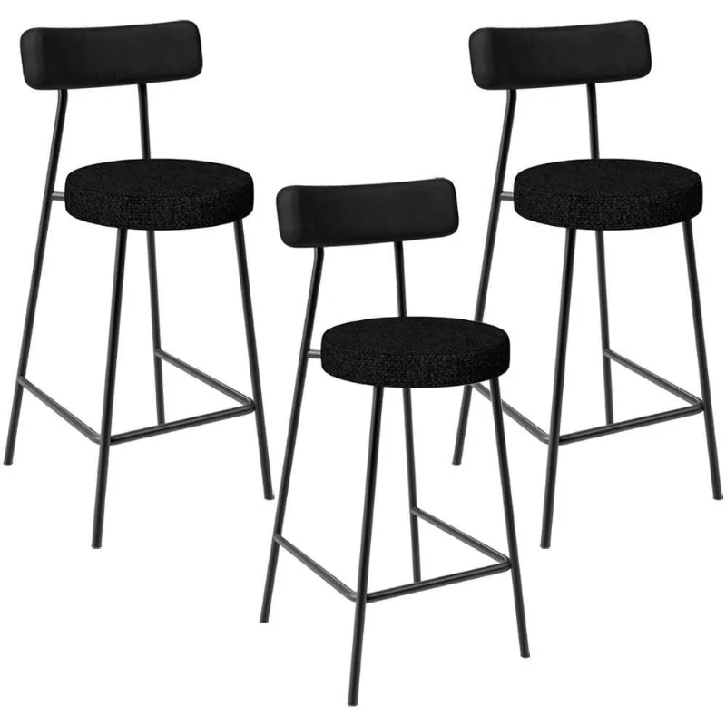Kit 03 Banquetas Baixa Cozinha Sala Jantar Bancada Milão L02 Couríssimo Preto Linho Chumbo - Lyam Decor
