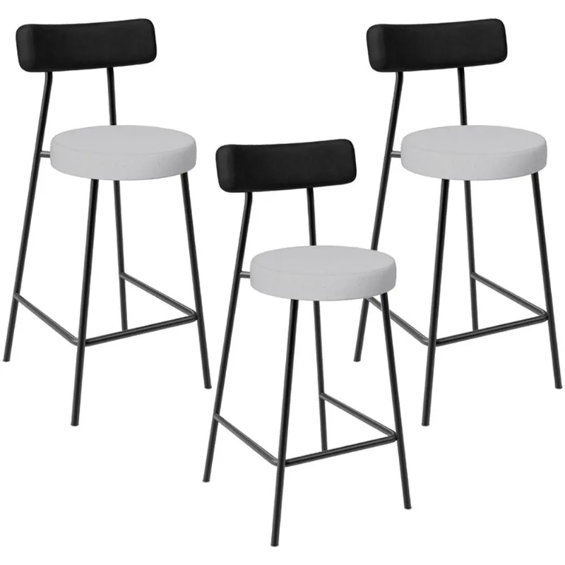 Kit 03 Banquetas Baixa Bar Cozinha Sala Jantar Milão L02 Couríssimo Preto Linho Cinza - Lyam Decor
