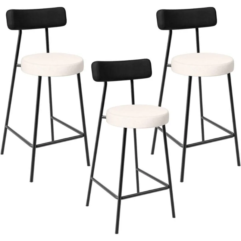 Kit 03 Banquetas Baixa Cozinha Sala Jantar Bancada Milão L02 Couríssimo Preto Linho Cru - Lyam Decor