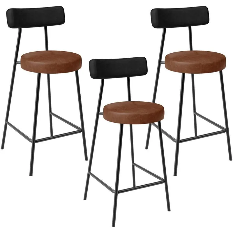 Kit 03 Banquetas Baixa Cozinha Sala Jantar Bancada Milão L02 Couríssimo Preto Marrom - Lyam Decor