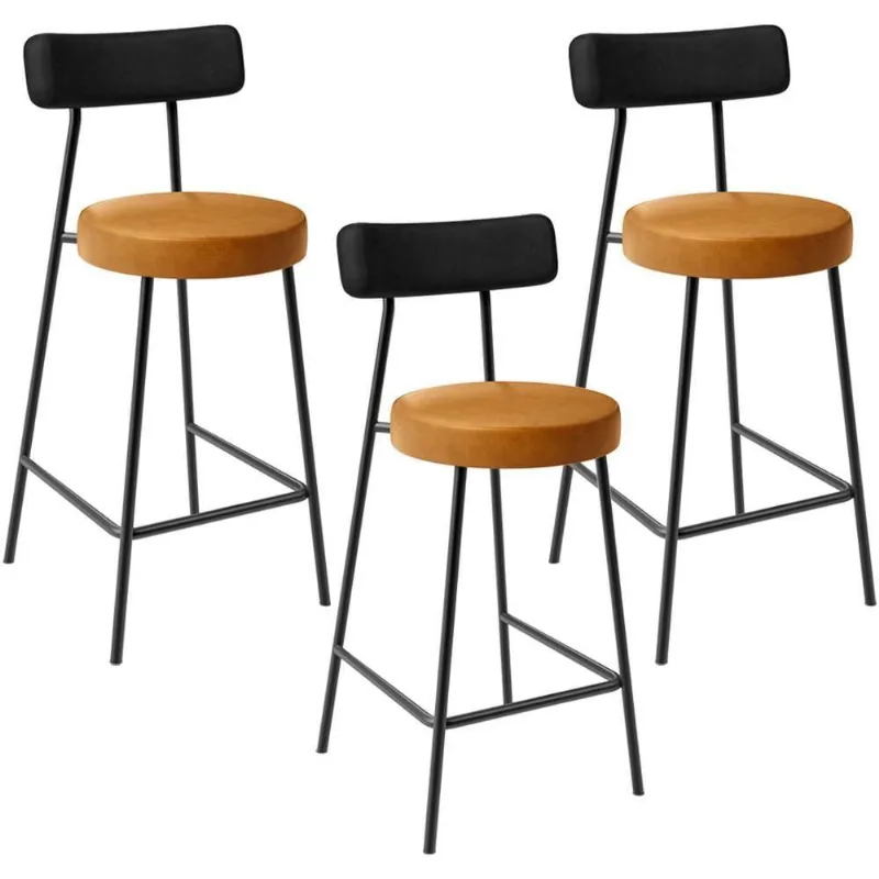 Kit 03 Banquetas Baixa Cozinha Sala Jantar Bancada Milão L02 Couríssimo Preto Whisky - Lyam Decor