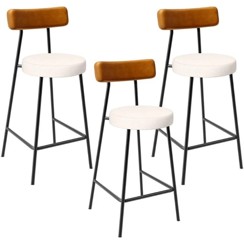 Kit 03 Banquetas Baixa Cozinha Sala Jantar Bancada Milão L02 Couríssimo Whisky Linho Cru - Lyam Decor