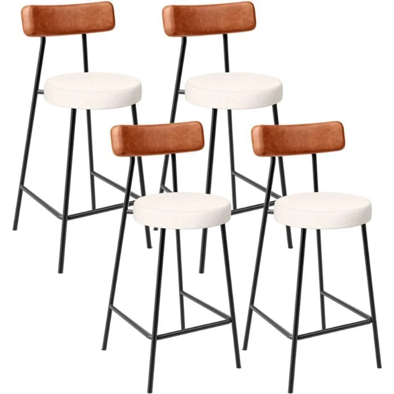 Kit 04 Banquetas Baixa Cozinha Sala Jantar Milão L02 Couríssimo Camel Linho Cru - Lyam Decor