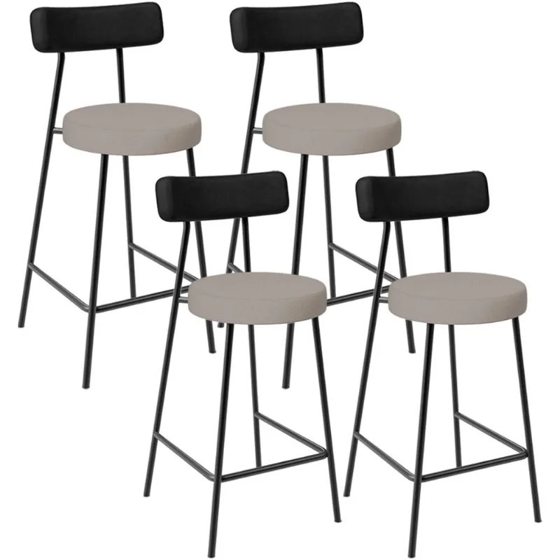 Kit 04 Banquetas Baixa Bar Cozinha Sala Jantar Milão L02 Couríssimo Preto Linho Bege - Lyam Decor