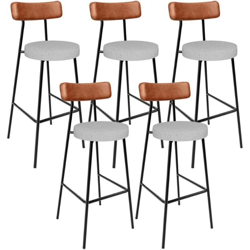 Kit 05 Banquetas Alta Cozinha Sala De Jantar Aço Milão L02 Couríssimo Camel Linho Cinza - Lyam Decor - Lyam Decor