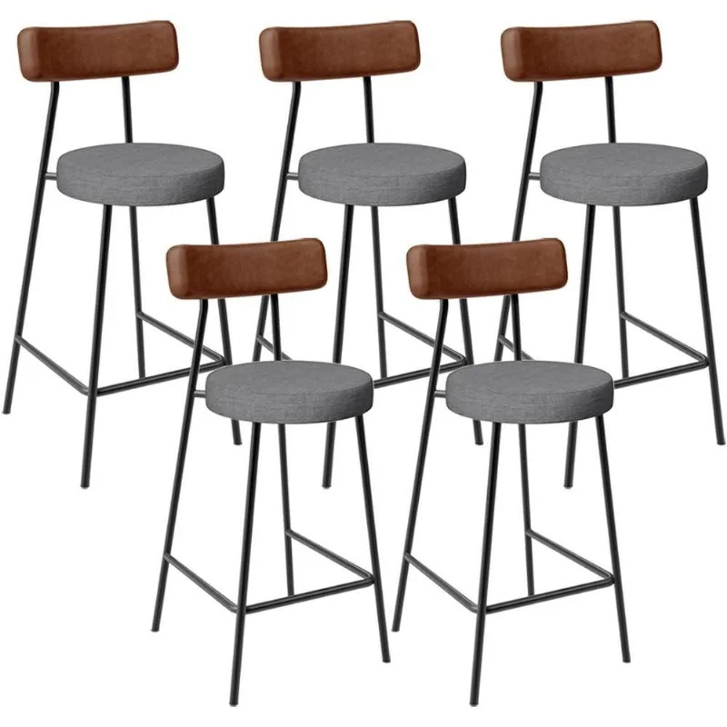 Kit 05 Banquetas Baixa Cozinha Sala Jantar Milão L02 Couríssimo Marrom Linho Cinza Escuro - Lyam Decor