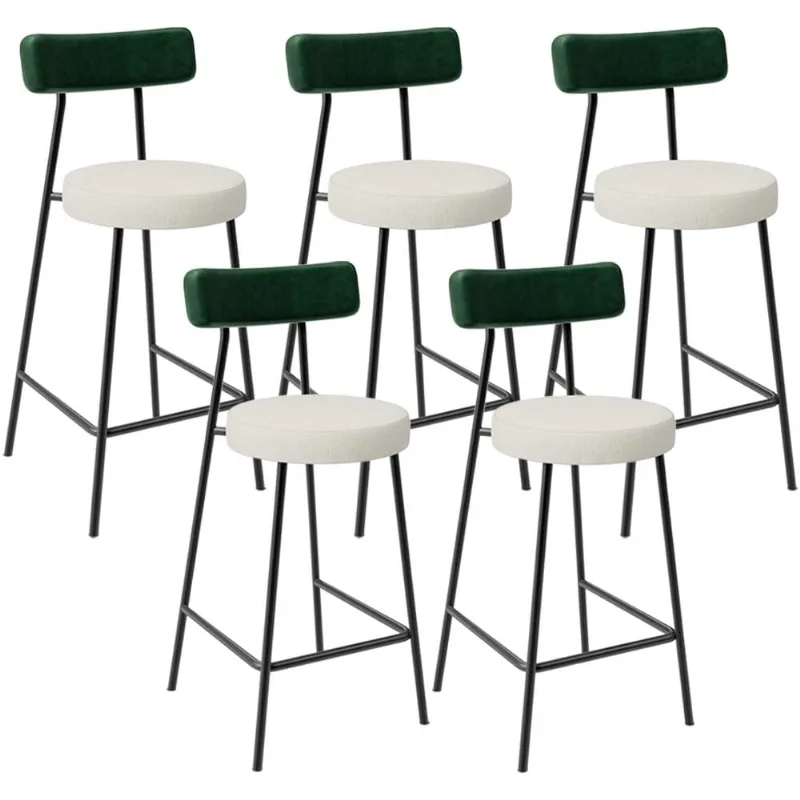 Kit 05 Banquetas Baixa Bar Cozinha E Sala Jantar Milão L02 Facto Verde Linho Champagne - Lyam Decor