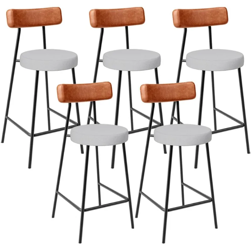 Kit 05 Banquetas Baixa Bar Cozinha Sala Jantar Milão L02 Couríssimo Camel Linho Cinza - Lyam Decor