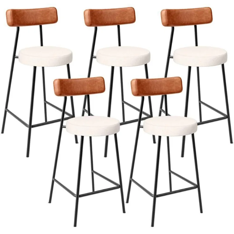 Kit 05 Banquetas Baixa Cozinha Sala Jantar Milão L02 Couríssimo Camel Linho Cru - Lyam Decor - Lyam Decor