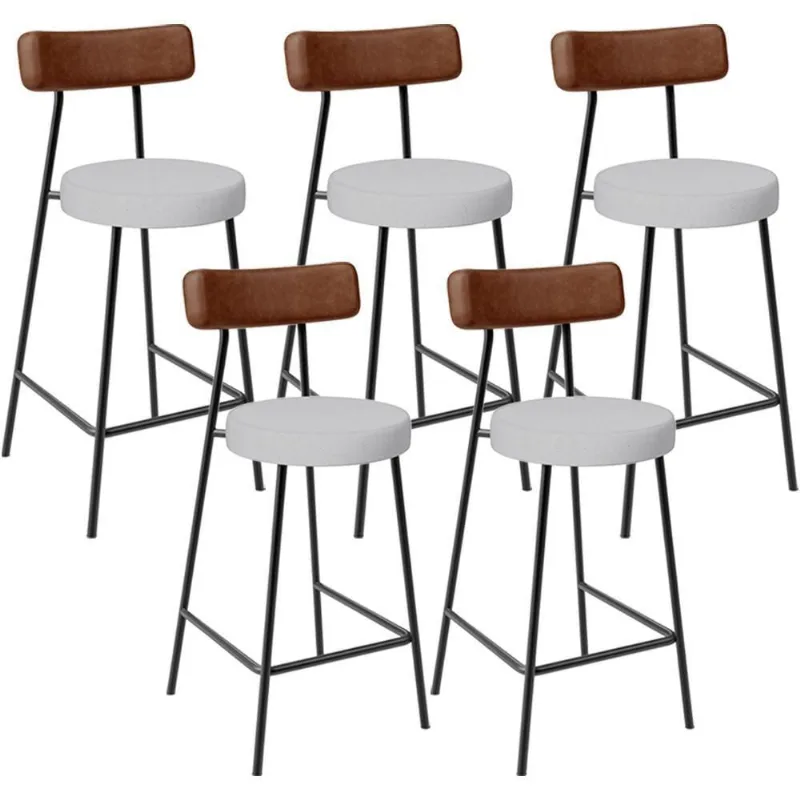 Kit 05 Banquetas Baixa Cozinha Sala De Jantar Milão L02 Couríssimo Marrom Linho Cinza - Lyam Decor - Lyam Decor