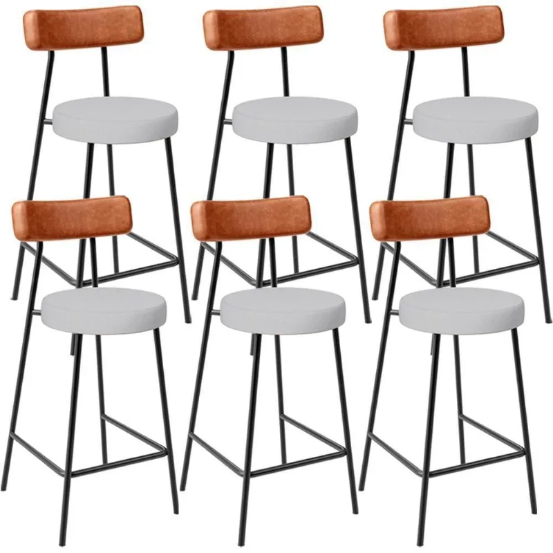 Kit 06 Banquetas Baixa Bar Cozinha Sala Jantar Milão L02 Couríssimo Camel Linho Cinza - Lyam Decor - Lyam Decor