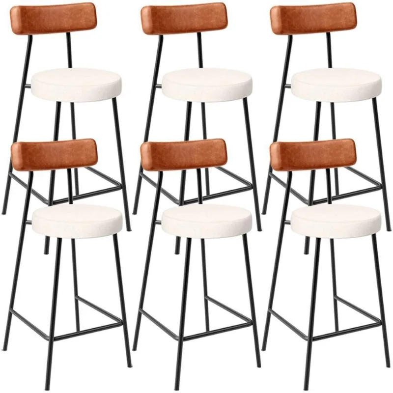 Kit 06 Banquetas Baixa Cozinha Sala Jantar Milão L02 Couríssimo Camel Linho Cru - Lyam Decor - Lyam Decor