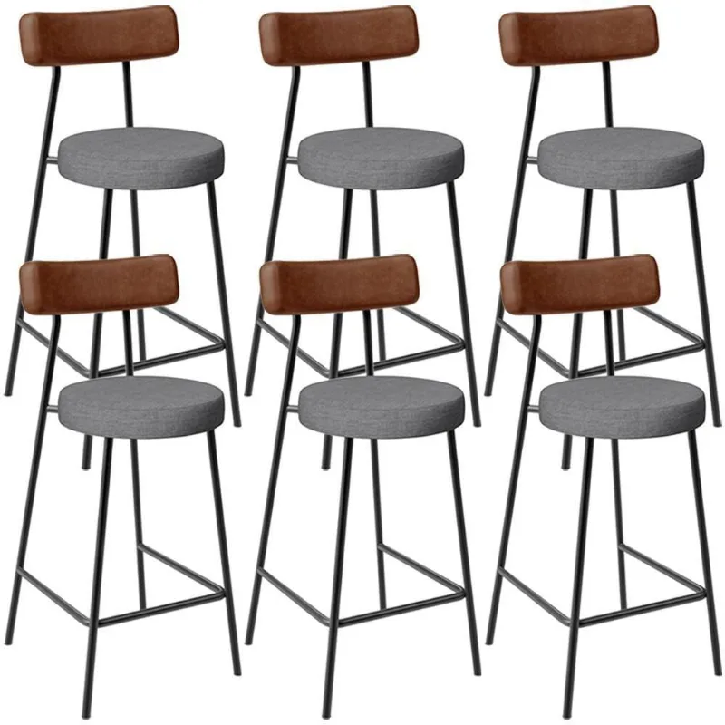 Kit 06 Banquetas Baixa Cozinha Sala Jantar Milão L02 Couríssimo Marrom Linho Cinza Escuro - Lyam Decor