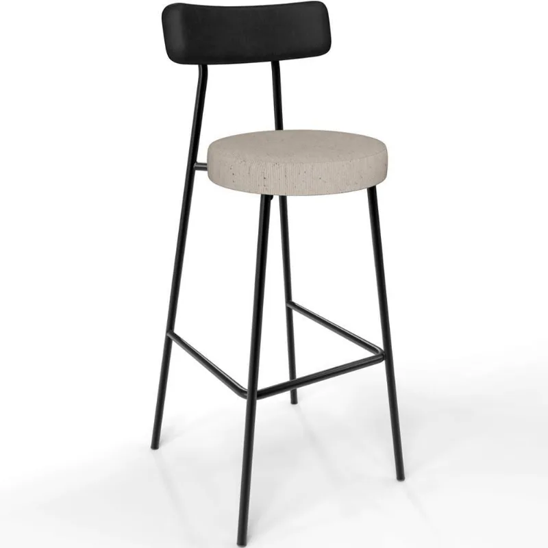 Banqueta Alta Bar Cozinha Sala De Jantar Em Aço Milão L02 Couríssimo Preto Linho Bege - Lyam Decor