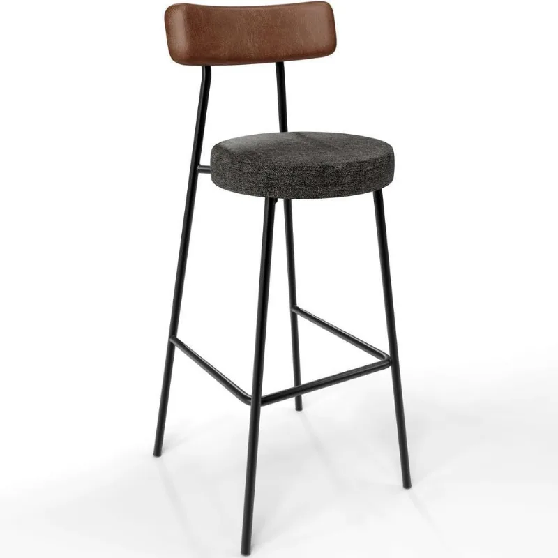 Banqueta Alta Bar Cozinha Sala De Jantar Milão L02 Couríssimo Marrom Linho Chumbo - Lyam Decor