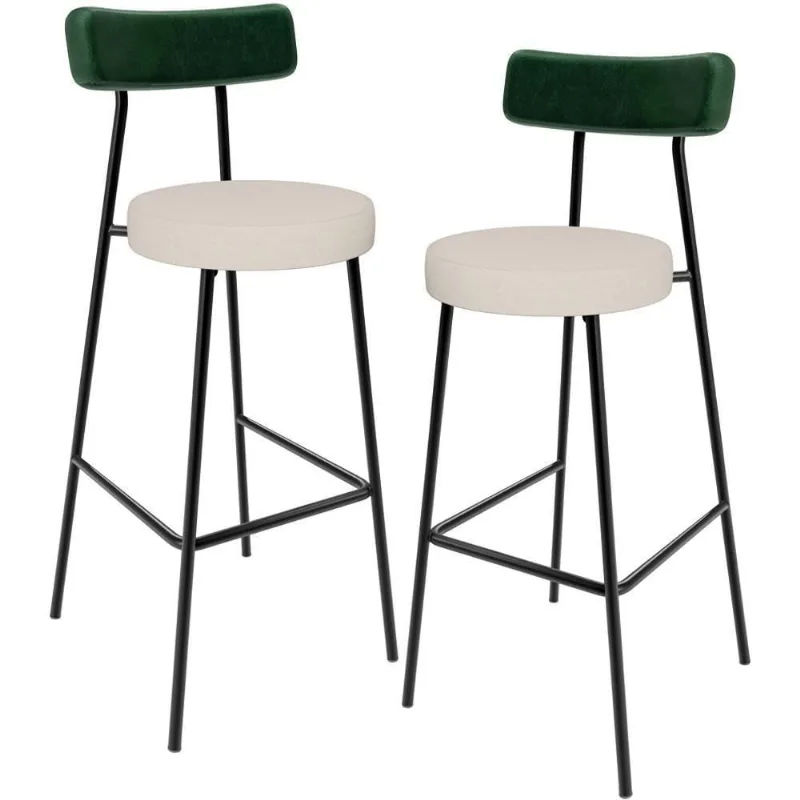 Kit 02 Banquetas Alta Bar Cozinha Sala De Jantar Milão L02 Facto Verde Musgo Linho Cru - Lyam Decor