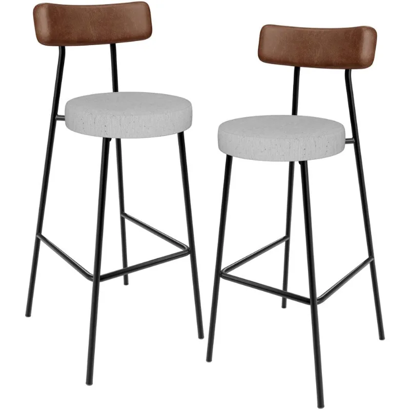 Kit 02 Banquetas Alta Bar Cozinha Sala Jantar Milão L02 Couríssimo Marrom Linho Cinza - Lyam Decor - Lyam Decor