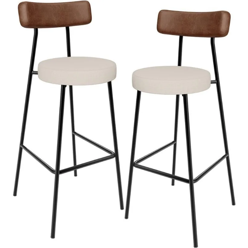 Kit 02 Banquetas Alta Cozinha Bar Sala De Jantar Milão L02 Couríssimo Marrom Linho Cru - Lyam Decor