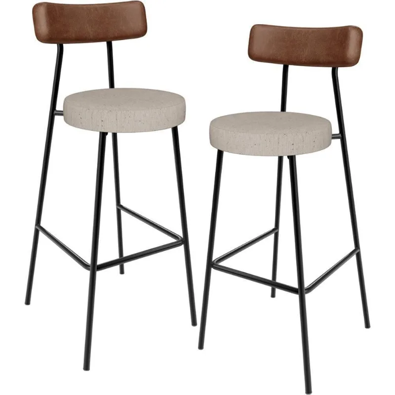 Kit 02 Banquetas Alta Cozinha Bar Sala Jantar Milão L02 Couríssimo Marrom Linho Bege - Lyam Decor