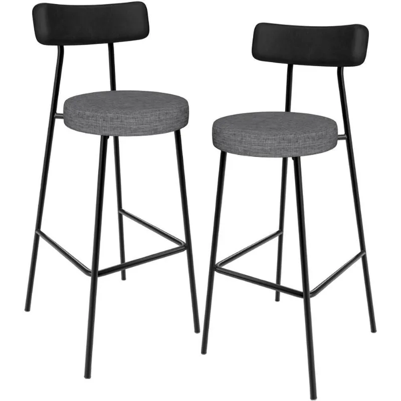 Kit 02 Banquetas Alta Cozinha Sala Jantar Milão L02 Couríssimo Preto Linho Cinza Escuro - Lyam Decor