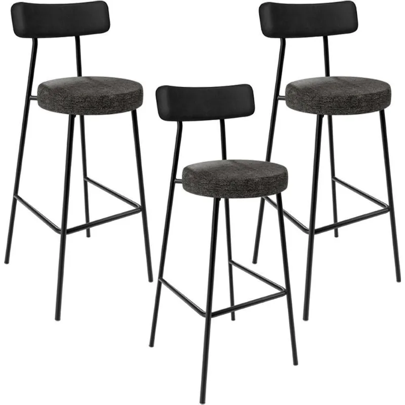 Kit 03 Banquetas Alta Bar Cozinha Sala De Jantar Milão L02 Couríssimo Preto Linho Chumbo - Lyam Decor