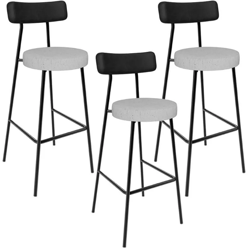 Kit 03 Banquetas Alta Bar Cozinha Sala De Jantar Milão L02 Couríssimo Preto Linho Cinza - Lyam Decor