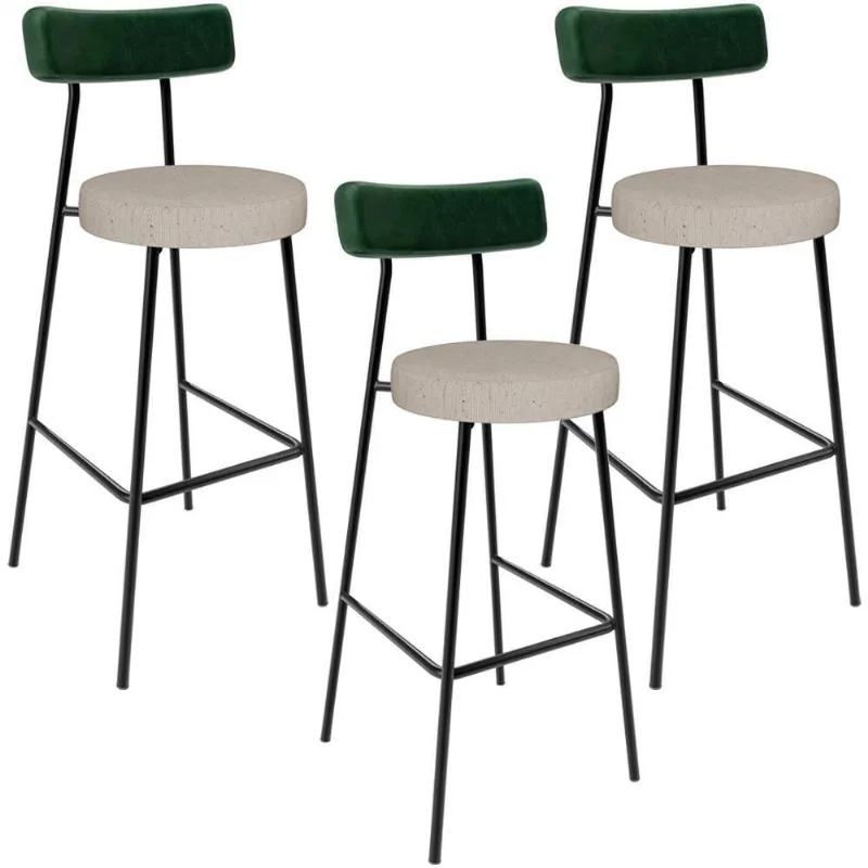 Kit 03 Banquetas Alta Bar Cozinha Sala Jantar Milão L02 Facto Verde Musgo Linho Bege - Lyam Decor