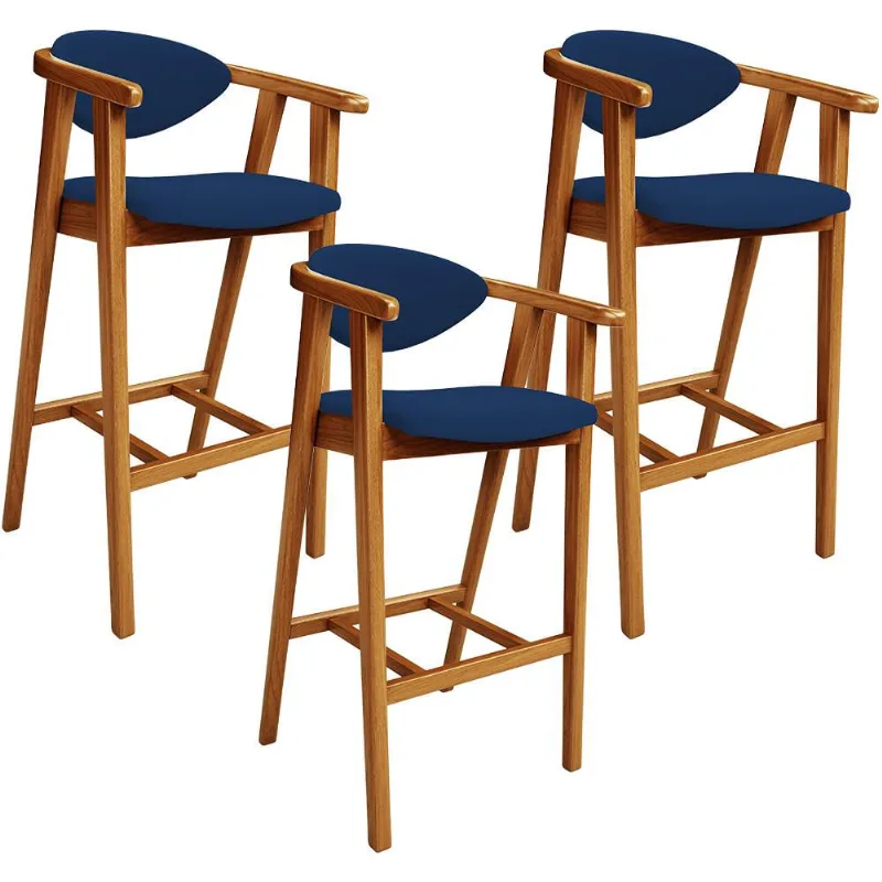 Kit 03 Banquetas Alta Cozinha Bancada Bar Sala de Jantar Fixa Cecília L02 Suede Azul Marinho - Lyam