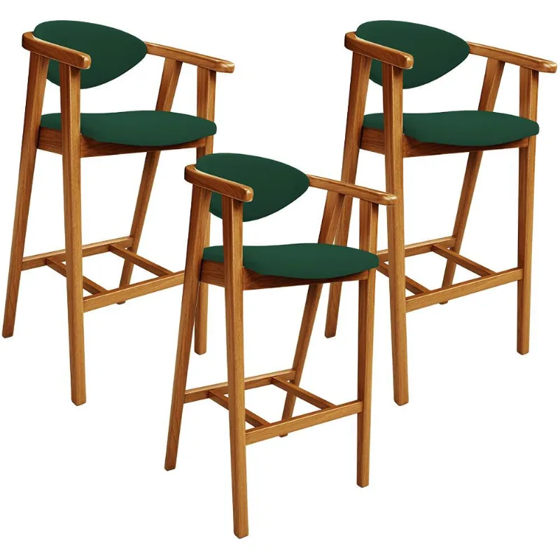 Kit 03 Banquetas Alta Cozinha Bancada Bar Sala de Jantar Fixa Cecília L02 Suede Verde Musgo - Lyam - Lyam Decor
