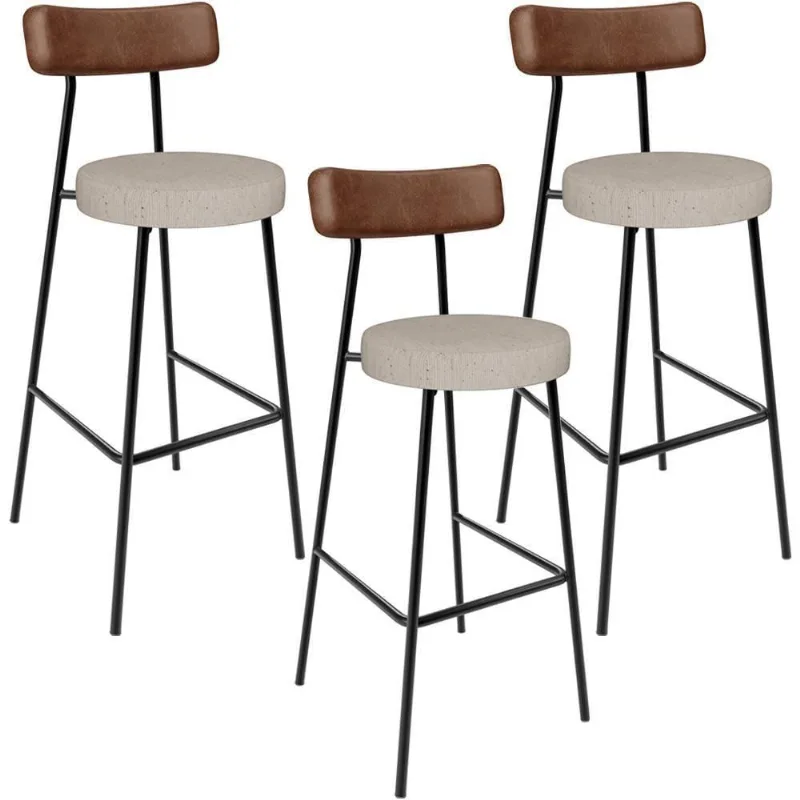 Kit 03 Banquetas Alta Cozinha Bar Sala Jantar Milão L02 Couríssimo Marrom Linho Bege - Lyam Decor