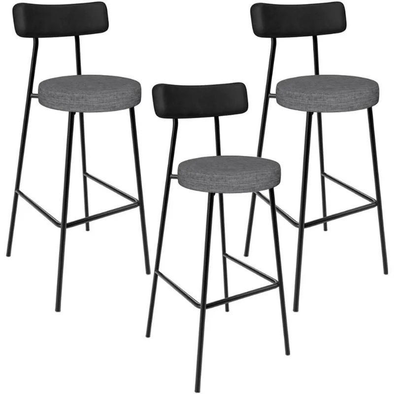 Kit 03 Banquetas Alta Cozinha Sala Jantar Milão L02 Couríssimo Preto Linho Cinza Escuro - Lyam Decor
