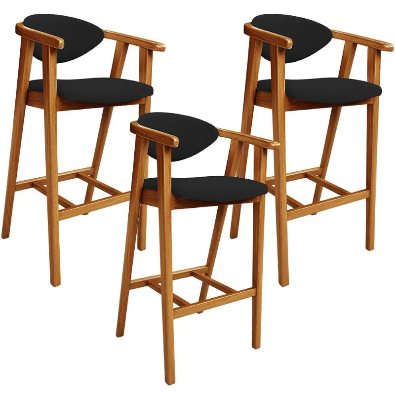Kit 03 Banquetas Alta Para Cozinha Bancada Bar Sala de Jantar Fixa Cecília L02 Bouclê Preto - Lyam