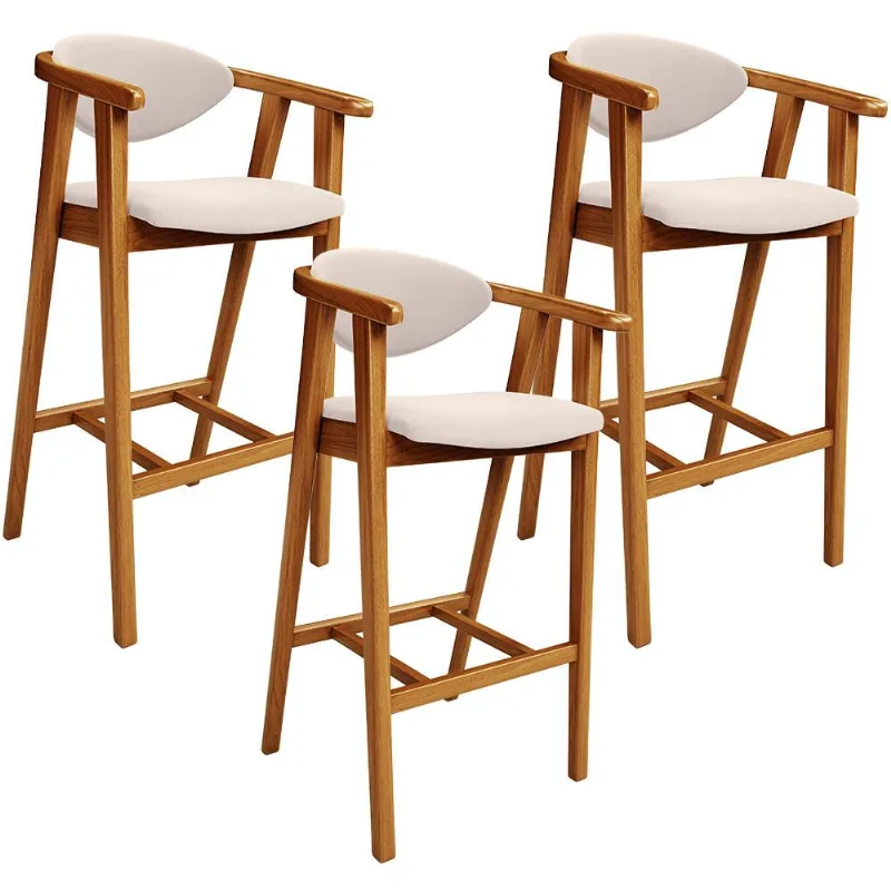 Kit 03 Banquetas Alta Para Cozinha Bancada Bar Sala de Jantar Fixa Cecília L02 Suede Bege - Lyam