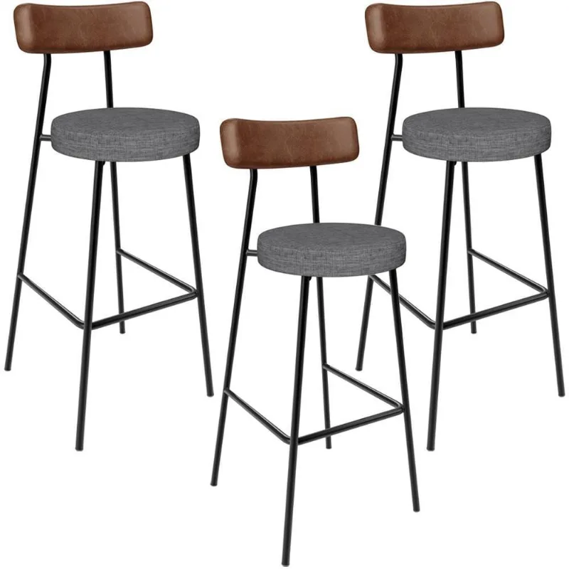 Kit 3 Banqueta Alta Cozinha Sala Jantar Milão L02 Couríssimo Marrom Linho Cinza Escuro - Lyam Decor - Lyam Decor