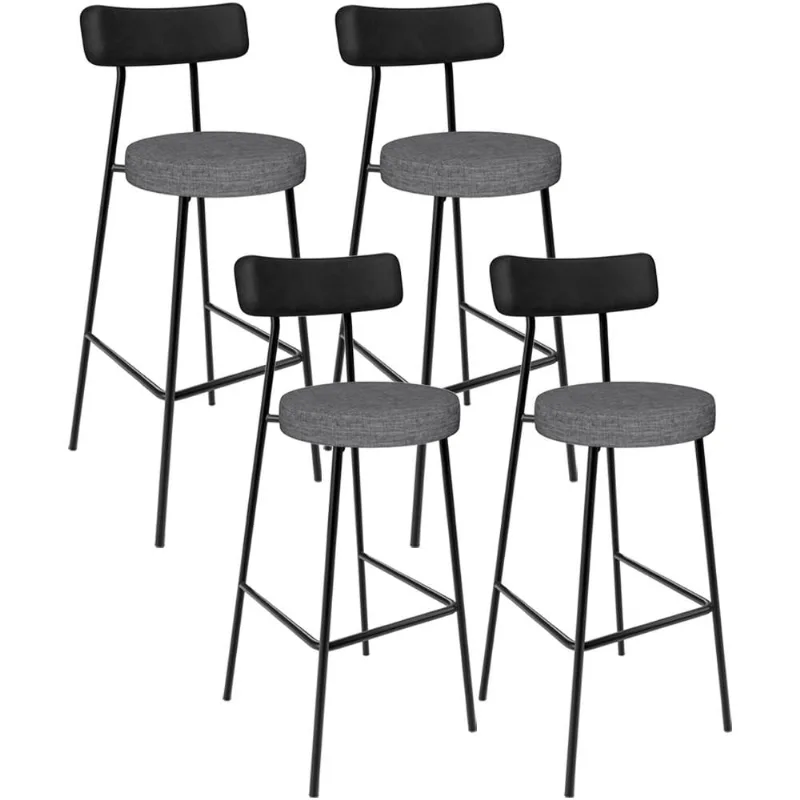 Kit 04 Banquetas Alta Cozinha Sala Jantar Milão L02 Couríssimo Preto Linho Cinza Escuro - Lyam Decor