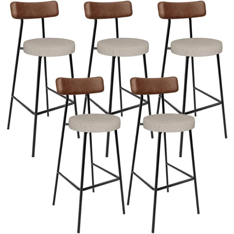 Kit 05 Banquetas Alta Cozinha Bar Sala Jantar Milão L02 Couríssimo Marrom Linho Bege - Lyam Decor - Lyam Decor