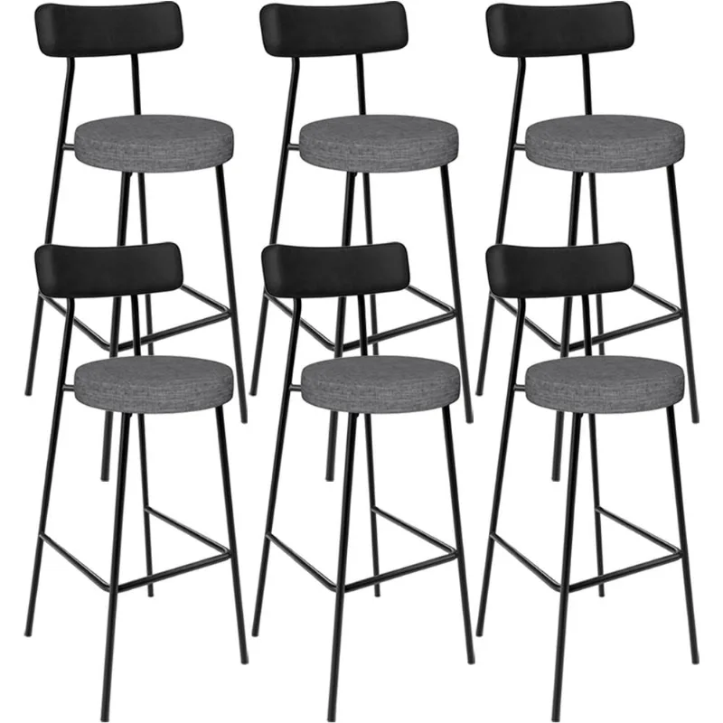 Kit 06 Banquetas Alta Cozinha Sala Jantar Milão L02 Couríssimo Preto Linho Cinza Escuro - Lyam Decor - Lyam Decor