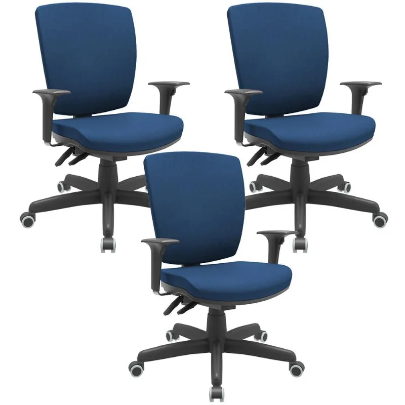 Kit 03 Cadeiras de Escritório Diretor Office Giratória Preto Alta Flexi P03 Poliéster Azul - Lyam