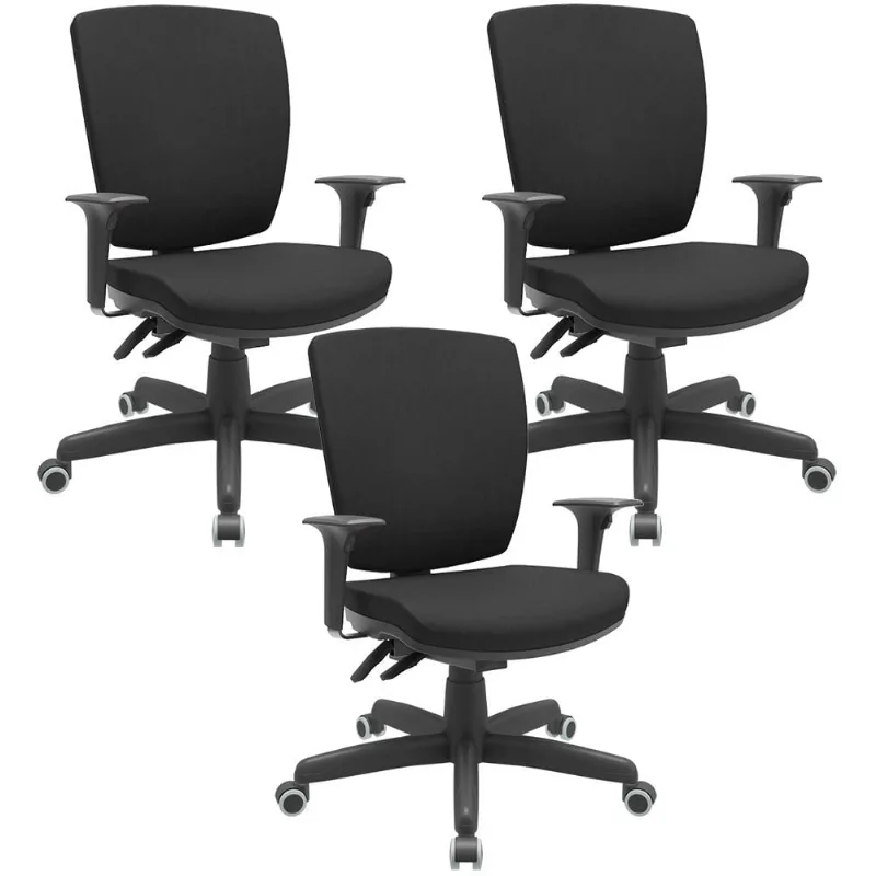 Kit 03 Cadeiras de Escritório Diretor Office Giratória Preto Alta Flexi P03 Poliéster Preto - Lyam