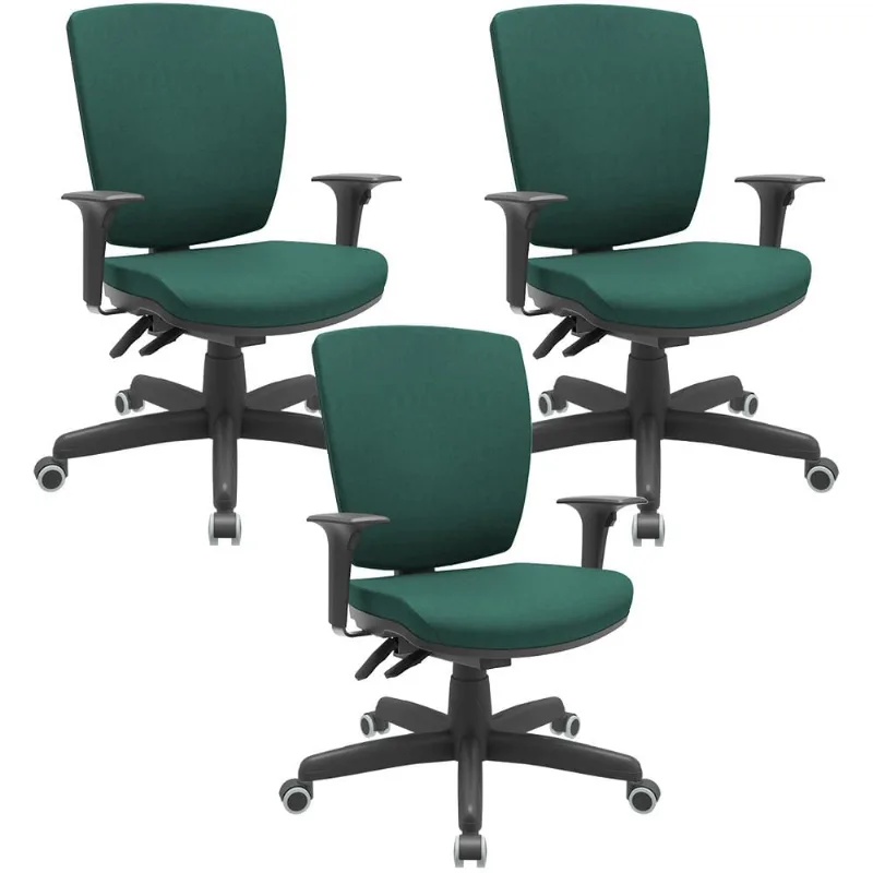 Kit 03 Cadeiras de Escritório Diretor Office Giratória Preto Alta Flexi P03 Poliéster Verde - Lyam - Lyam Decor
