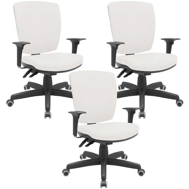 Kit 03 Cadeiras de Escritório Diretor Office Giratória Preto Alta Flexi P03 Vinil Branco - Lyam - Lyam Decor