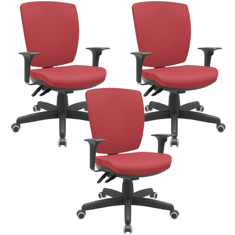 Kit 03 Cadeiras de Escritório Diretor Office Giratória Preto Alta Flexi P03 Vinil Vermelho - Lyam - Lyam Decor