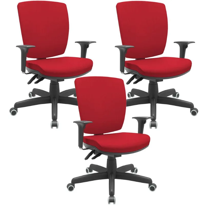 Kit 03 Cadeiras Escritório Diretor Office Giratória Preto Alta Flexi P03 Poliéster Vermelho - Lyam