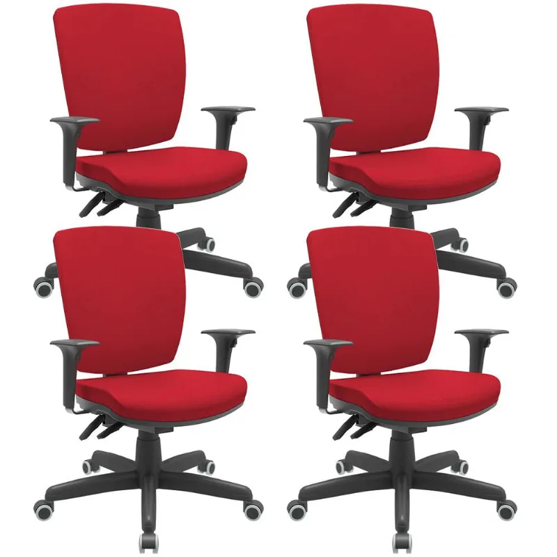 Kit 04 Cadeiras Escritório Diretor Office Giratória Preto Alta Flexi P03 Poliéster Vermelho - Lyam - Lyam Decor