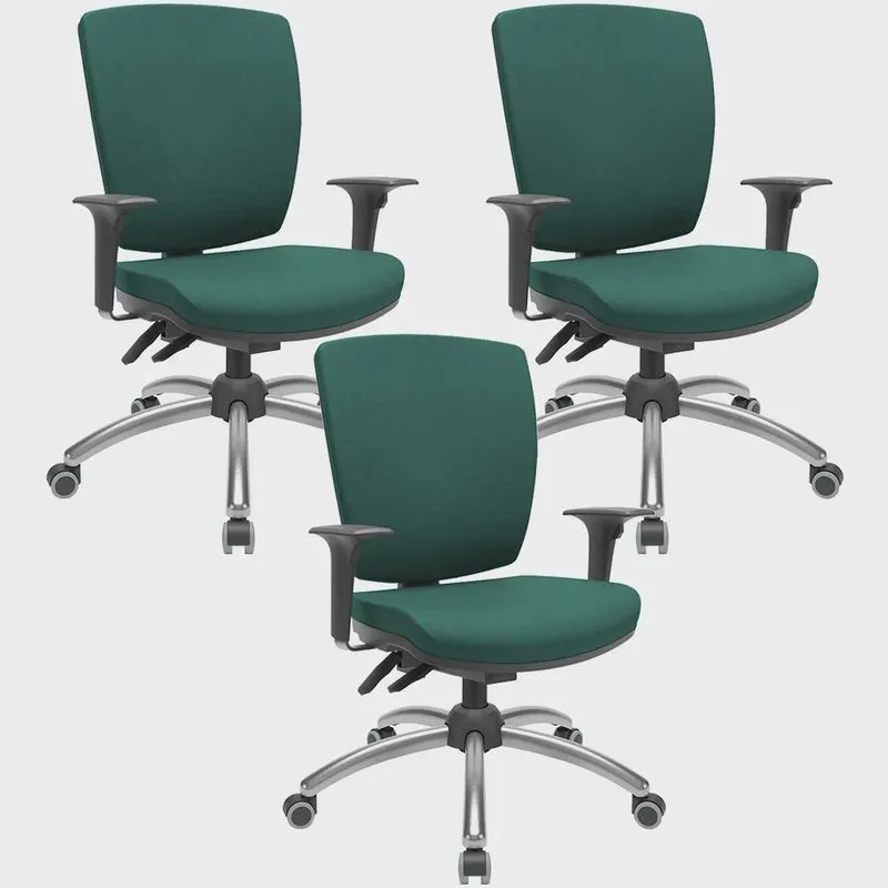 Kit 3 Cadeiras de Escritório Diretor Office Giratória Cromada Alta Flexi P03 Poliéster Verde - Lyam