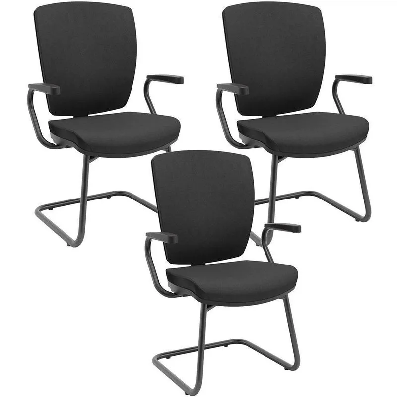Kit 3 Cadeiras De Escritório Fixa Executiva Office Preto Slim Alta Flexi P03 Poliéster Preto - Lyam