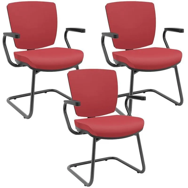 Kit 3 Cadeiras De Escritório Fixa Executiva Office Preto Slim Baixa Flexi P03 Vinil Vermelho - Lyam